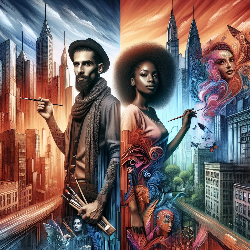Two figures from different walks of life, an architect and an artist, find themselves drawn together in a bustling city. Their contrasting personalities and perspectives on the world bring them closer, as they navigate the challenges of their relationship. This image encapsulates the beauty of their love story, showcasing the blending of architecture and art, order and chaos, as their worlds collide in a vibrant cityscape.