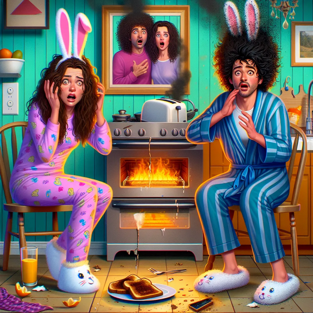 A humorous scene from a reality TV show called Family Swapped, where best friends find themselves in a hilarious body-swap scenario, featuring burnt French toast, bunny slippers, and unexpected twists.