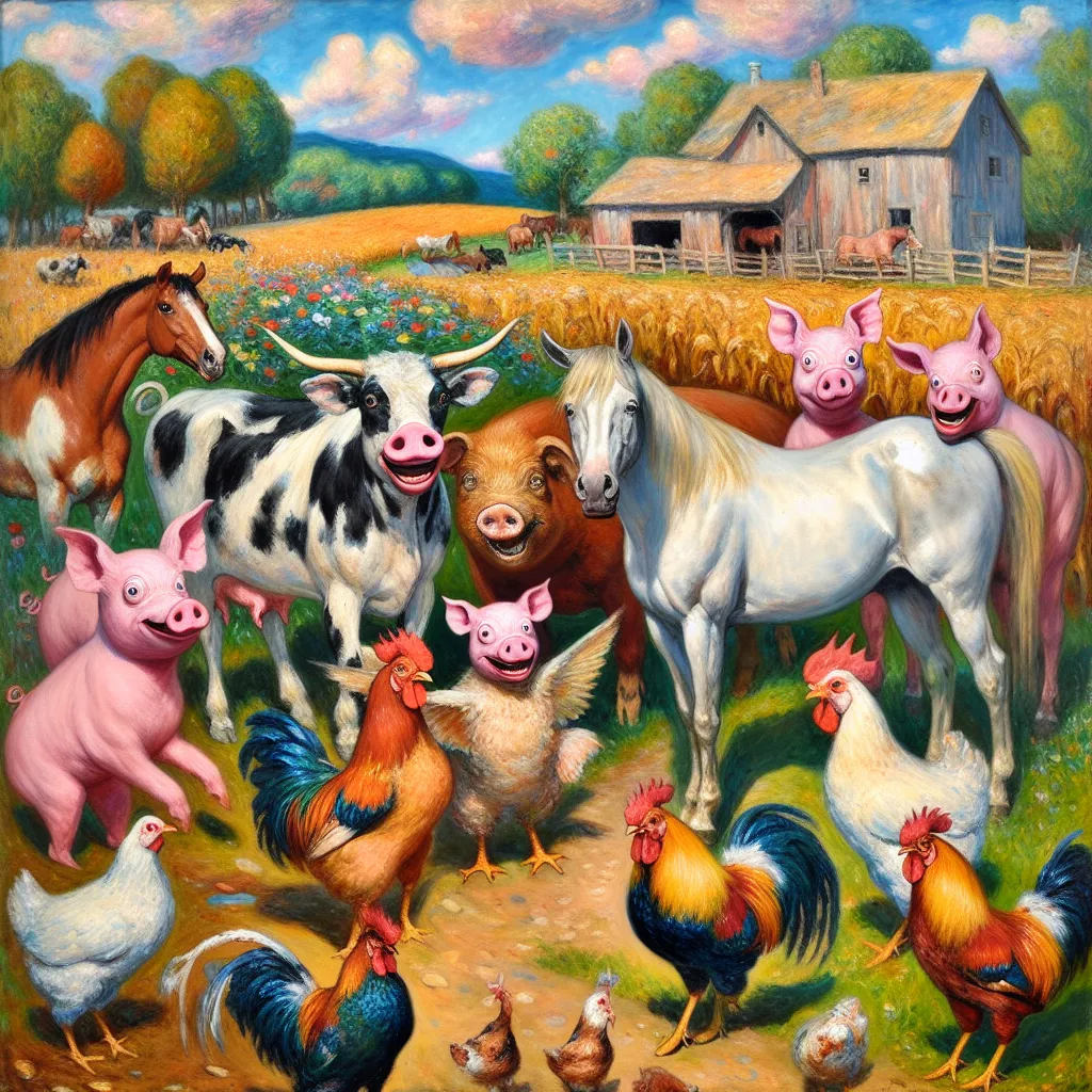 Farm, Animals, Body-Swap, Comical, Adventure in the style of Monet