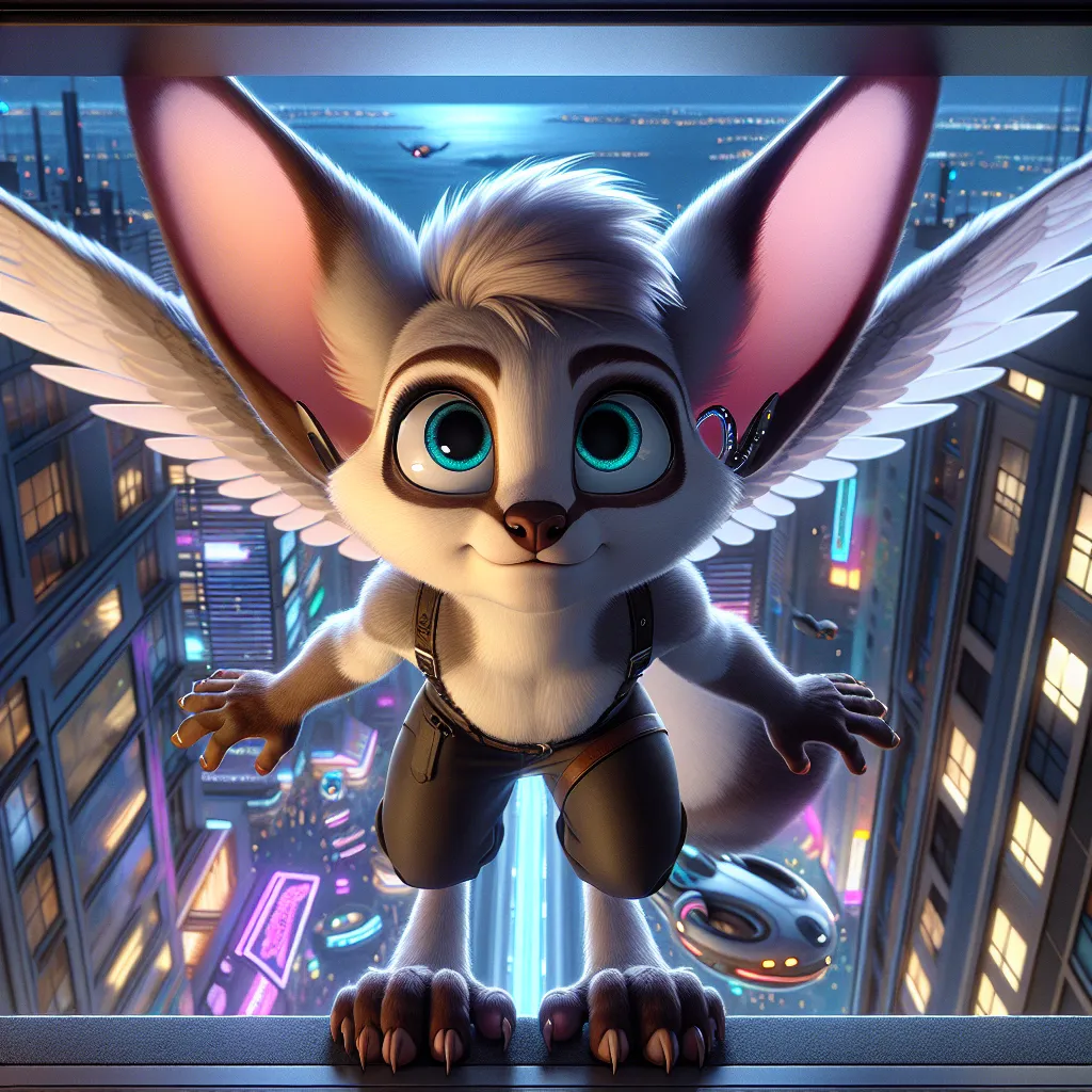 A digital illustration of a humanoid squirrel-fox hybrid standing on the edge of a high-rise apartment window, its wings spread wide as it prepares to take flight. The cityscape of Neo-Tokyo stretches out below, with neon-lit buildings and hovercrafts filling the bustling marketplace. The character's face is expressive with wide, curious eyes and large, twitching ears, exuding a sense of wonder and boundless possibility.