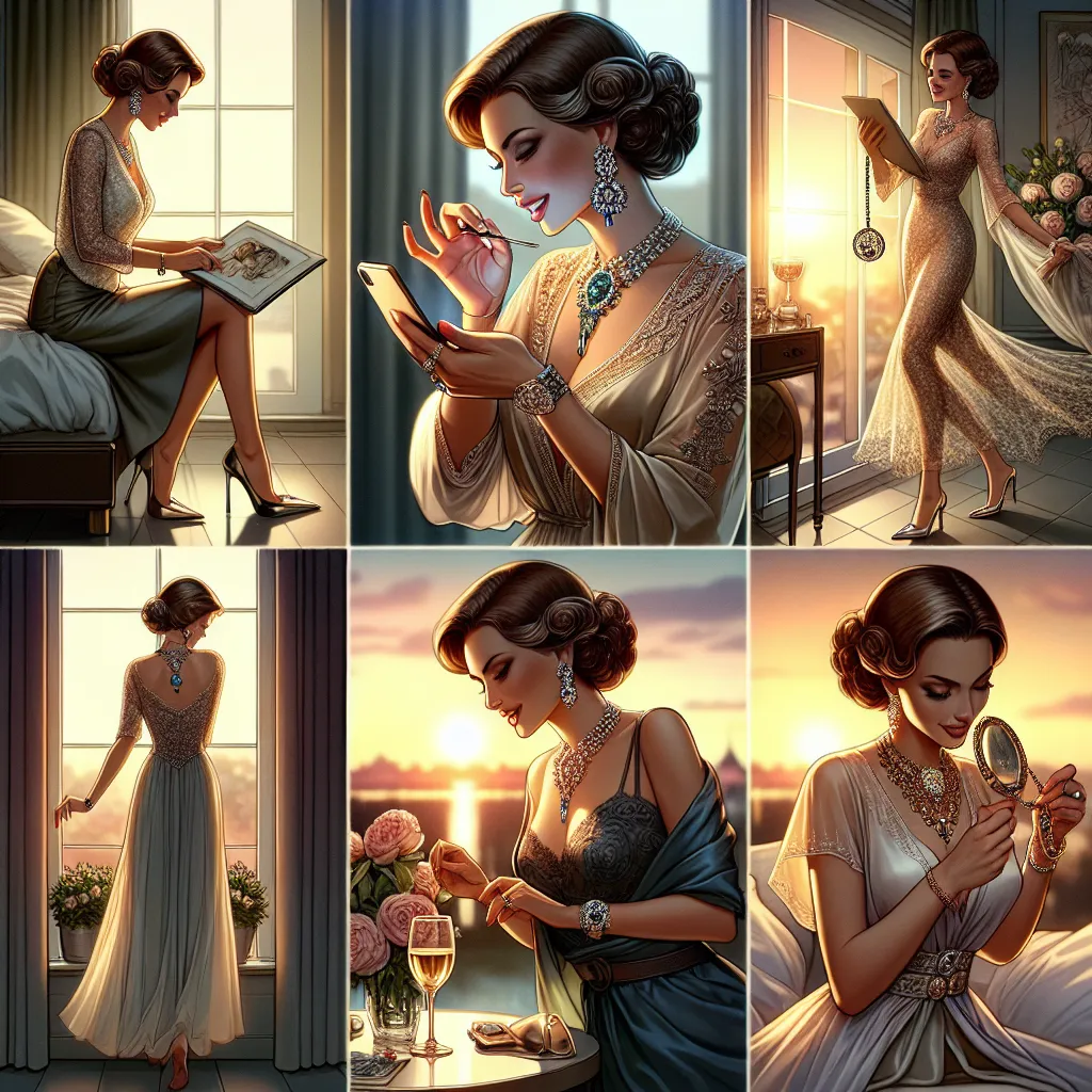A woman, Linda, adorned in elegant attire, including high heels and expensive jewelry, prepares for her birthday celebration. She receives a phone call from her husband and prepares to meet him. Throughout the day, Linda interacts with her son and reminisces about her own childhood. At the end of the day, Linda and her husband enjoy a romantic evening, cherishing their strong bond. The next morning, Linda wakes up as a completely different person, fully embracing her new identity as a wife and m