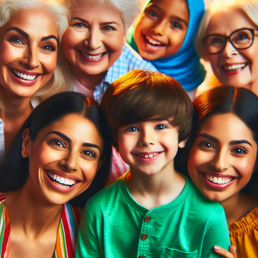 A colorful and vibrant image depicting a cheerful 7-year-old boy named Timmy Reynolds with his mother Jessica, his aunt Lisa, his grandmother Margaret, and his friend Martha Garcia and her mother Catalina. The image captures their diverse appearances and the joy of their interactions.