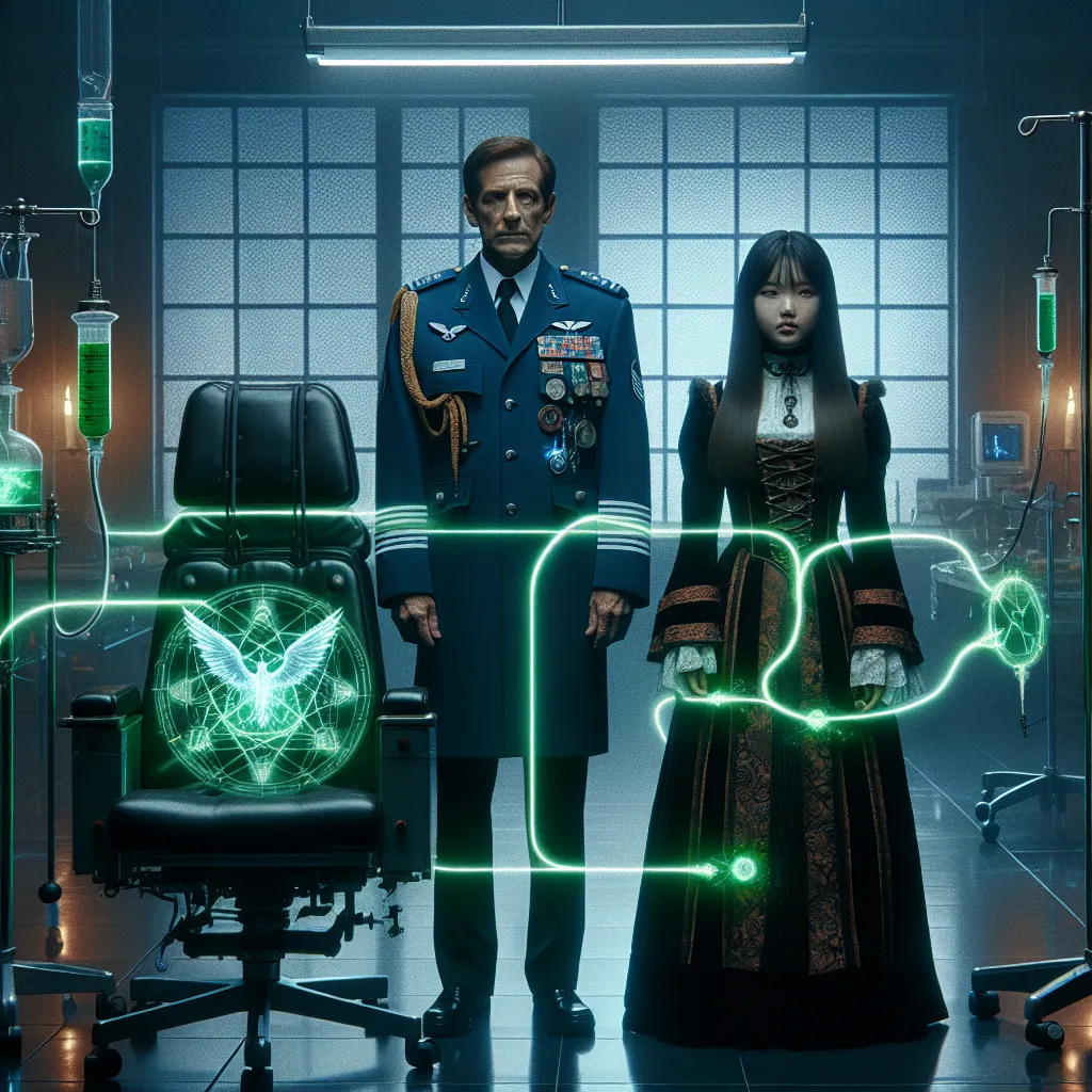 Description: A dark and mysterious image depicting a scientist and an Air Chief Marshal standing in a dimly lit laboratory. A medical chair, tubes, and glowing geometric patterns can be seen, along with a young witch strapped to another apparatus. Green tendrils of energy connect the two bodies as they undergo a soul swap through a forbidden machine.