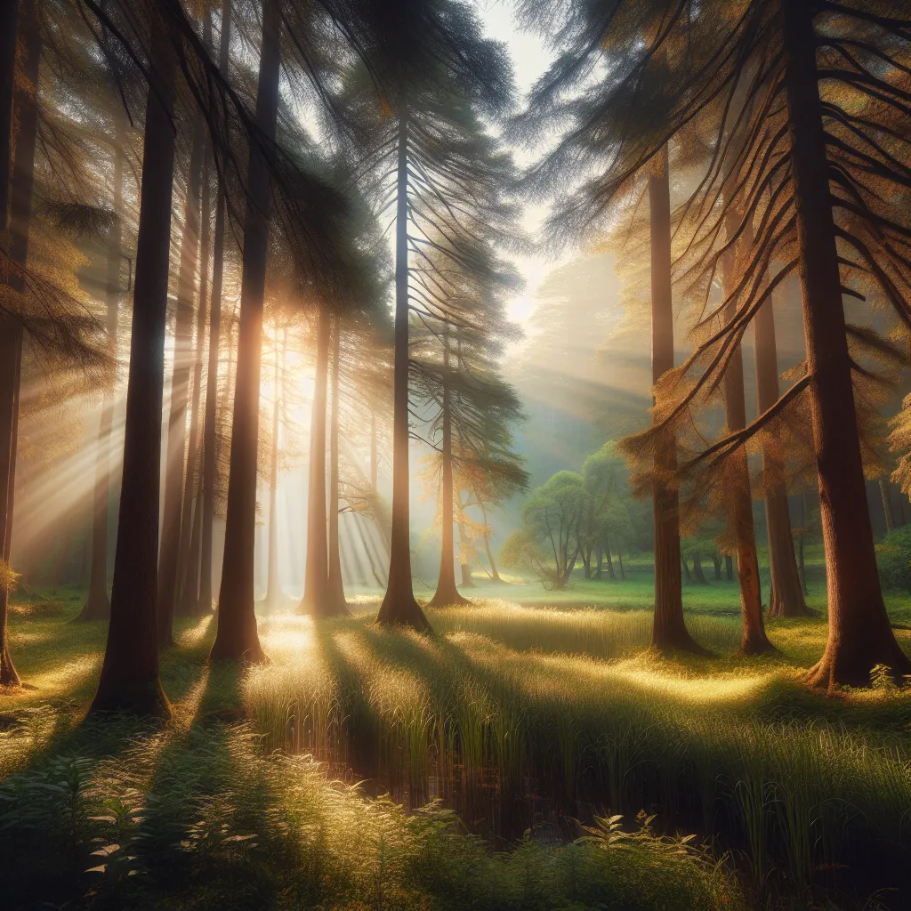 No problem, here's a concise description for the image:

"A serene meadow surrounded by tall, lush trees with rays of sunlight streaming through the branches, creating a magical atmosphere."