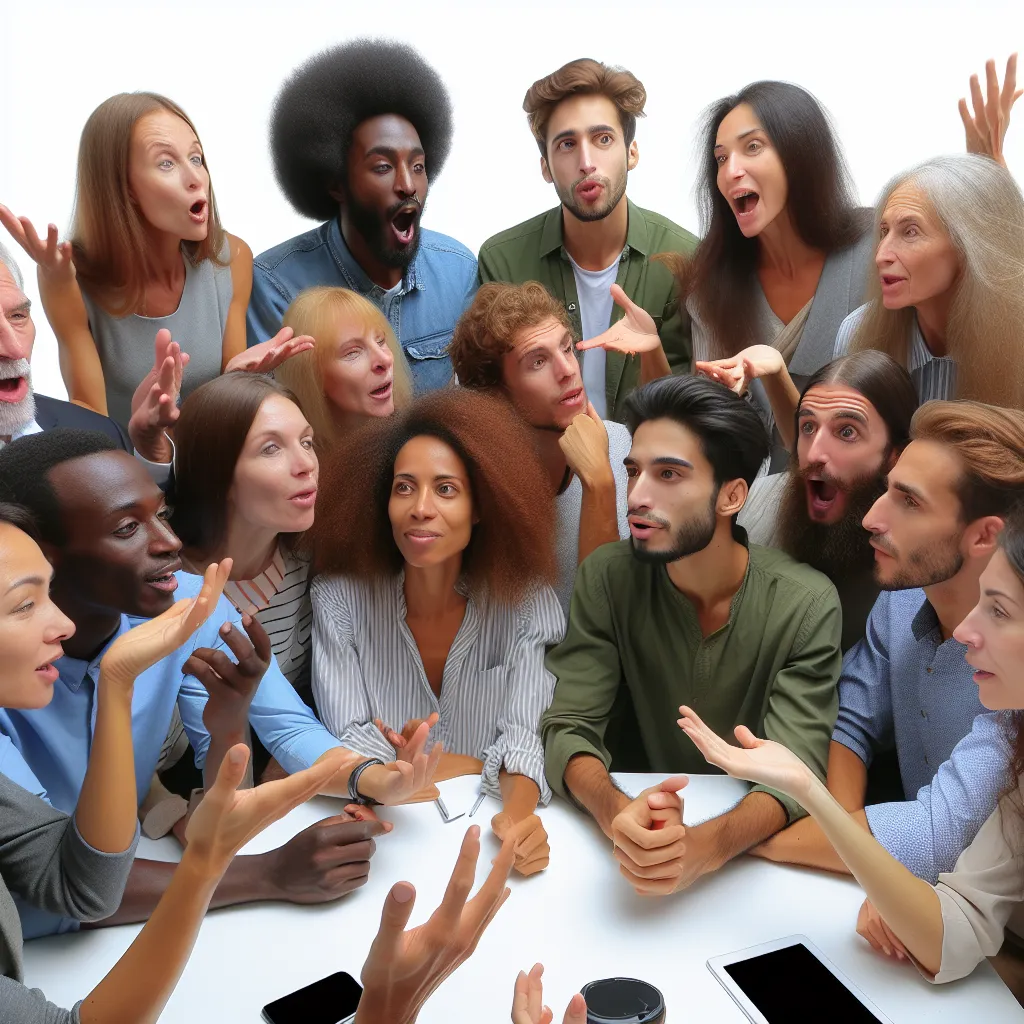 A diverse group of people gathered around a table, engrossed in a lively discussion.