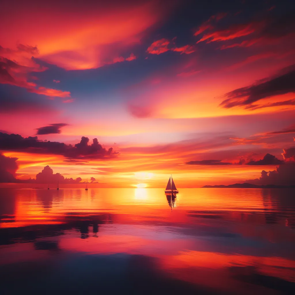 A serene sunset over a calm ocean, with vibrant orange and pink hues reflecting on the water and a lone sailboat silhouetted in the distance.