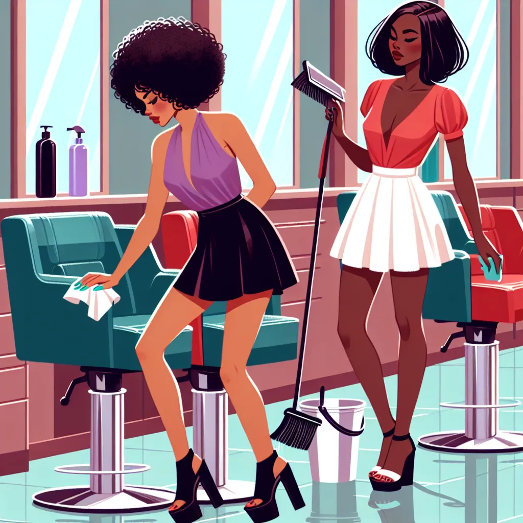 An image of a hair salon with two women, Zora and Tasha, working on a customer's hair. Zora, an African American woman, is wiping down chairs and wearing a purple sleeveless blouse, a black short skirt, black platform sandals, and turquoise nail polish. Tasha, also African American, is sweeping the floor and wearing a red short-sleeve blouse, a white short skirt, white platform sandals, and lavender nail polish.