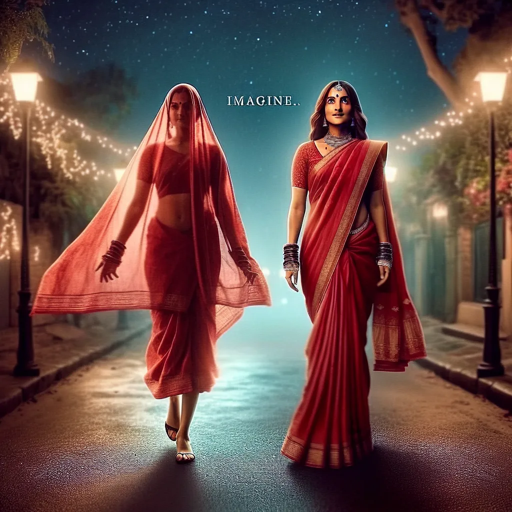 The image accompanying this story is a depiction of Anjali, the transformed version of Tommy. She is shown dressed in a beautiful red saree, with a matching headscarf and traditional Indian jewelry. Anjali appears confident and serene as she walks through a quiet street at night, with starry skies above. The image captures the essence of her newfound identity and the sense of hope and anticipation for the future.