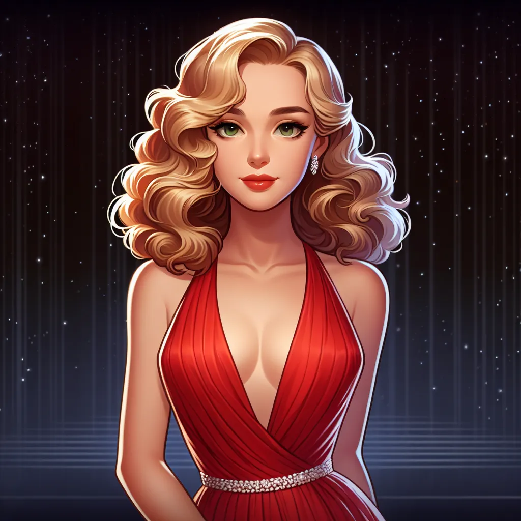 An image to accompany this story could be a portrait of Linda, the main character, standing confidently in her dazzling red dress and platform sandals. She exudes elegance and beauty, with her wavy, blonde hair softly framing her face. The background could be a starry night sky, representing the endless possibilities of Linda's journey and the timeless grace she embodies.
