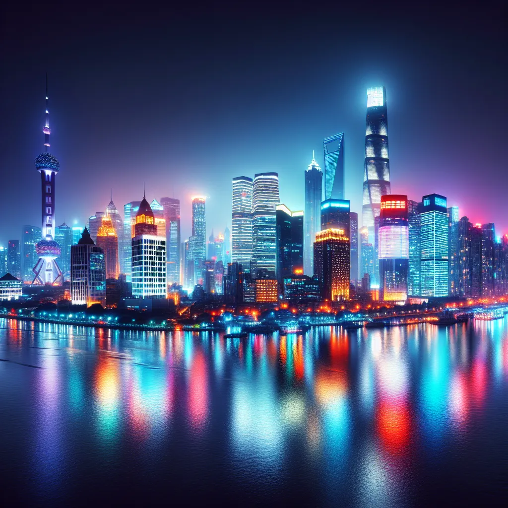 A sprawling metropolis at night with soaring skyscrapers, illuminated by vibrant colorful lights and reflections on the calm waters of a river flowing through the city.