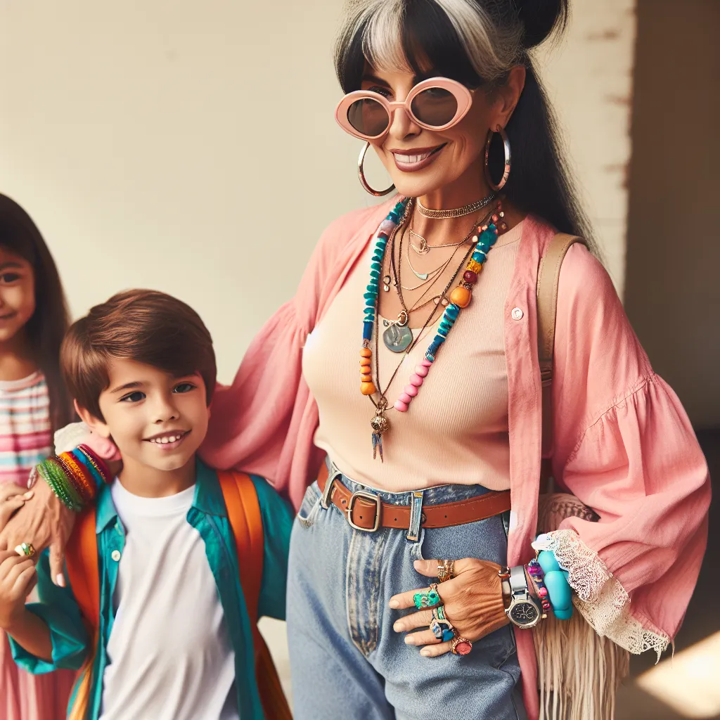 Description: An image of a young boy, Tommy, standing next to his friend Sofia, a young girl, and her mother, Rosa Sanchez. Tommy and Sofia are playing together, while Rosa, a Mexican woman in her 60s, watches over them. Rosa is wearing a brightly colored tank top, denim shorts, and pastel pink flip flops. She has long, black hair styled in a bun, and is wearing large, round sunglasses. She is adorned with various pieces of jewelry, including hoop earrings, a wedding ring, a gold watch, a beaded