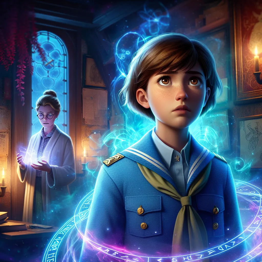 A young woman in a blue sailor-style military uniform stands tense and conflicted inside a dimly lit magical room. Her short brown hair and wide brown eyes reflect deep inner turmoil. Ethereal blue and pink glowing runes swirl ominously around her abdomen, hinting at a forbidden magical pregnancy. Nearby, a gentle-looking woman with blonde hair and glasses gazes at her with sorrowful sympathy, casting a subtle healing light. The atmosphere is charged with haunting magic, loss of identity, and un