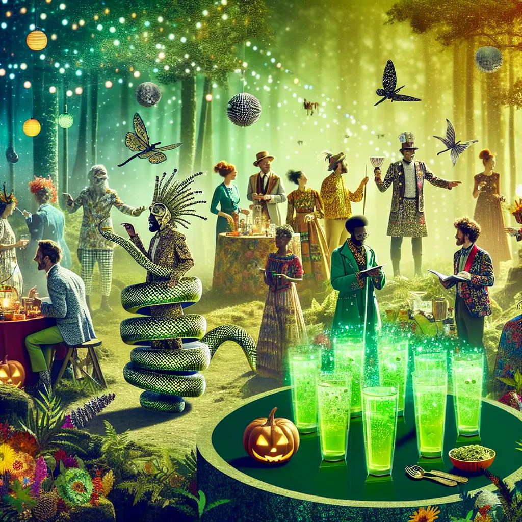 A whimsical and humorous tale of a woman in an extravagant snake costume trying to attend a party in the woods on Halloween, complete with radioactive punch and mishaps.