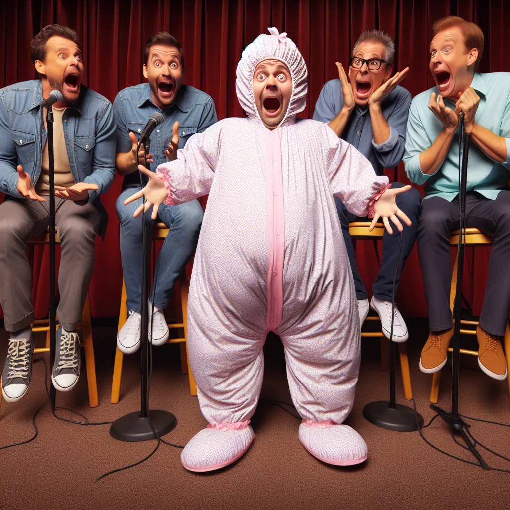 An image of the cast of the comedy show "El Wasap de JB" in funny costumes, with one member dressed as a baby wearing an oversized diaper, causing the rest of the cast to laugh and react in surprise and amusement.