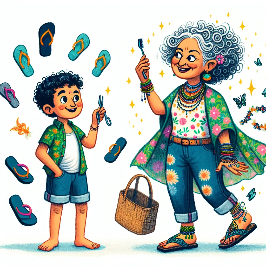 An illustration of Alex, a seven-year-old boy who accidentally transforms into Carmen, a Hispanic woman, after trying on her flip flops. Carmen, once Alex, adjusts to her new appearance, complete with short curly gray hair, floral tank top, denim shorts, and vibrant accessories as she navigates her transformed life.