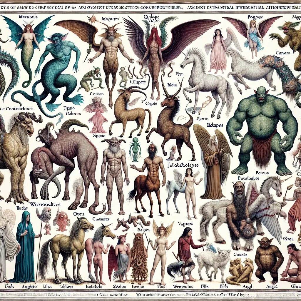 A collage of mythical creatures, including mermaids, ogres, cyclops, centaurs, satyrs, giants, kappas, bakus, unicorns, pegasuses, jackalopes, werewolves, sirens, vampires, elves, angels, ghosts, and demons. These diverse creatures, the result of ancient extraterrestrial bioengineering, are now the subject of modern conservation efforts and scientific exploration. The image highlights the intricate details and unique characteristics of each mythical species, inviting viewers to explore the rich 