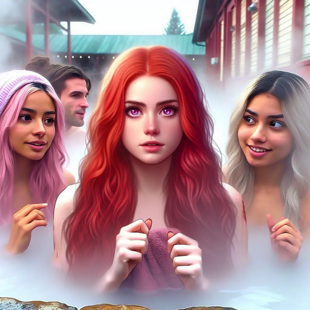 An image of a young person with long, flowing red hair and vibrant lavender eyes, standing at the entrance of a steaming hot spring. They are surrounded by two friends, one with pink hair and one with blonde hair, both looking mischievous. The protagonist is hesitant and unsure, their hands beginning to transform into delicate, feminine hands.