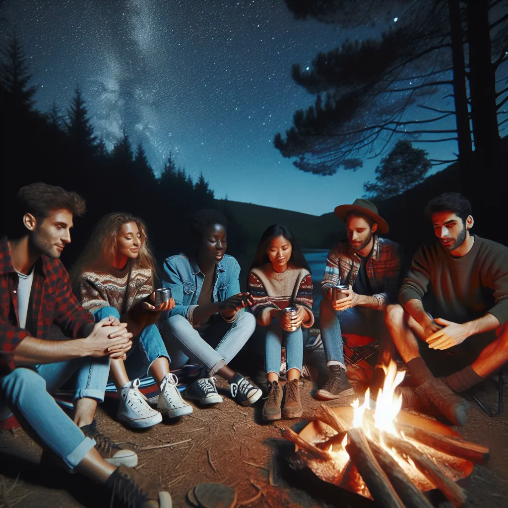 A group of diverse friends sitting around a campfire, telling stories and enjoying the outdoors at night.
