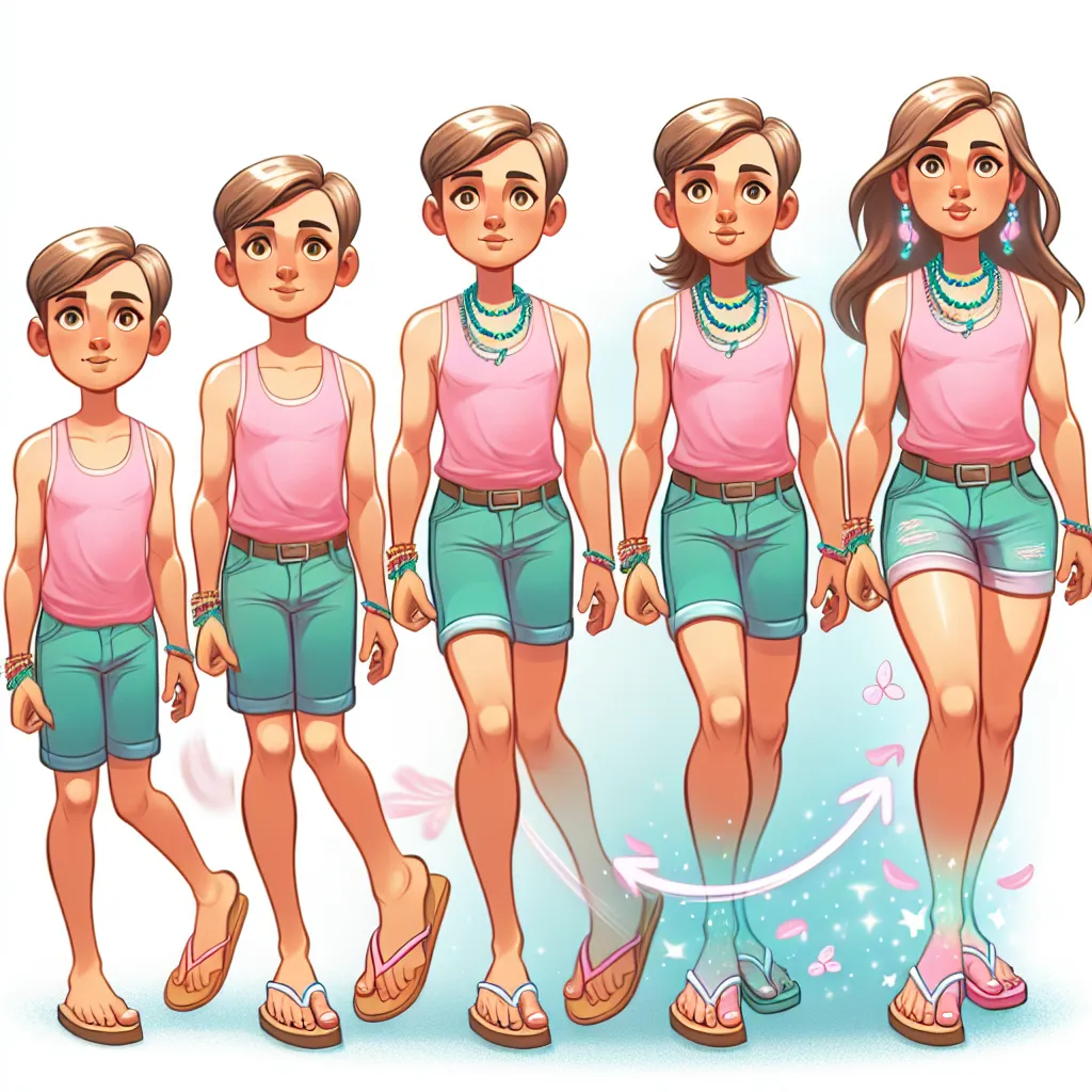 The image will depict a young boy named Oliver in the midst of a magical transformation into a middle-aged woman named Yolanda. The illustration will show Oliver's feet turning feminine and filling Yolanda's glittery flip flops, followed by his legs, torso, arms, and face gradually morphing into Yolanda's features. The final image will show Yolanda in her pink tank top, turquoise shorts, flip flops, and beaded jewelry, exuding a sense of maternal warmth and strength.