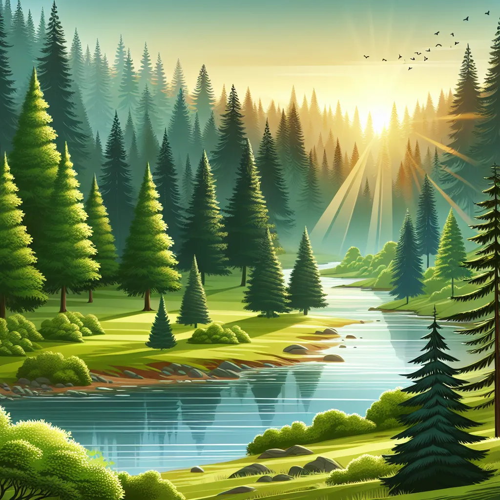 A serene landscape depicting dense evergreen forests, lush green meadows, and a tranquil river flowing through the scene. Sun rays peeking through the trees add a warm glow, creating a peaceful ambiance.