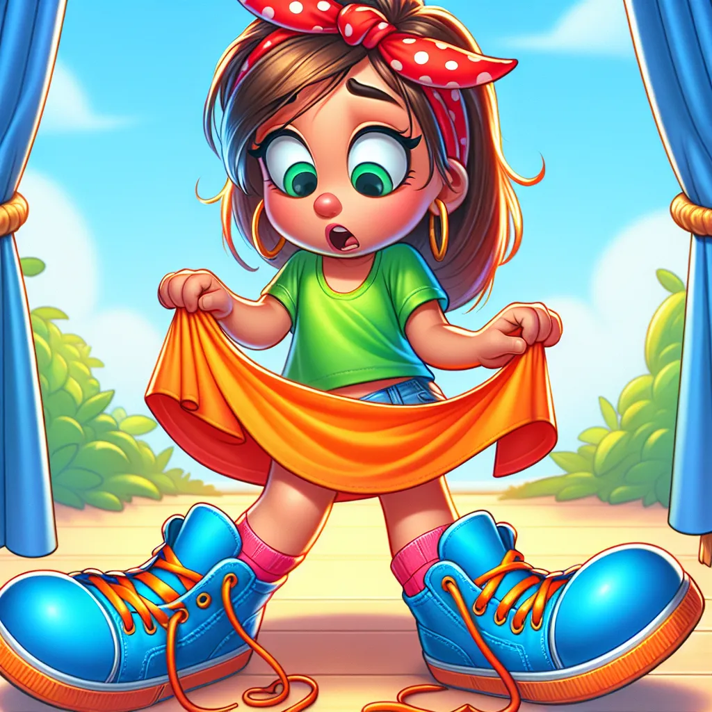 Amy Rose, a colorful and mischievous character, finds herself in a humorous predicament when she loses her orange skirt from her iconic outfit. With her puffy green shirt, blue shoes with orange laces, and red hairband in place, Amy is left in her underwear, white panties with a blue waistband, creating a comical moment.