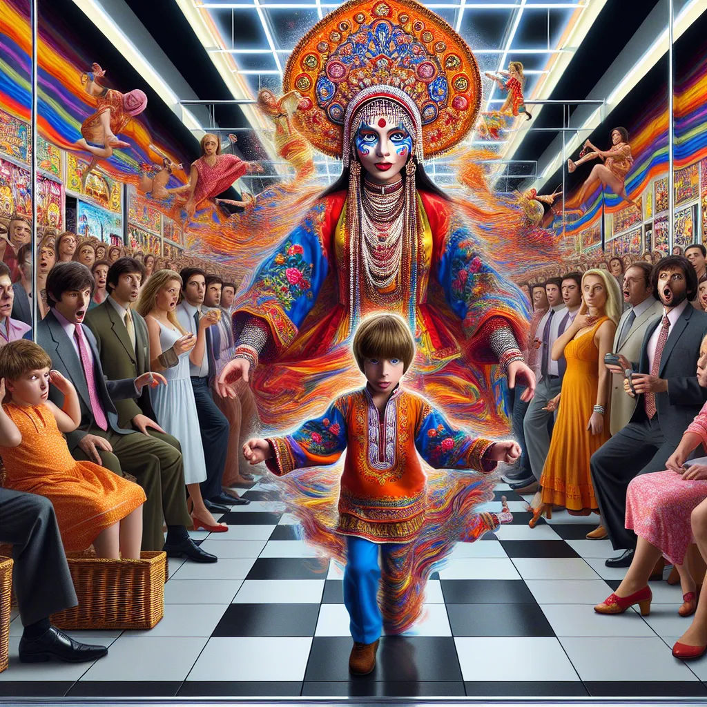 A young boy named Calvin experiences a bizarre transformation in a crowded store. Suddenly inhabiting the body of a Russian woman, he navigates the shock of unfamiliar features and attire, culminating in a startling reflection in a promotional mirror.