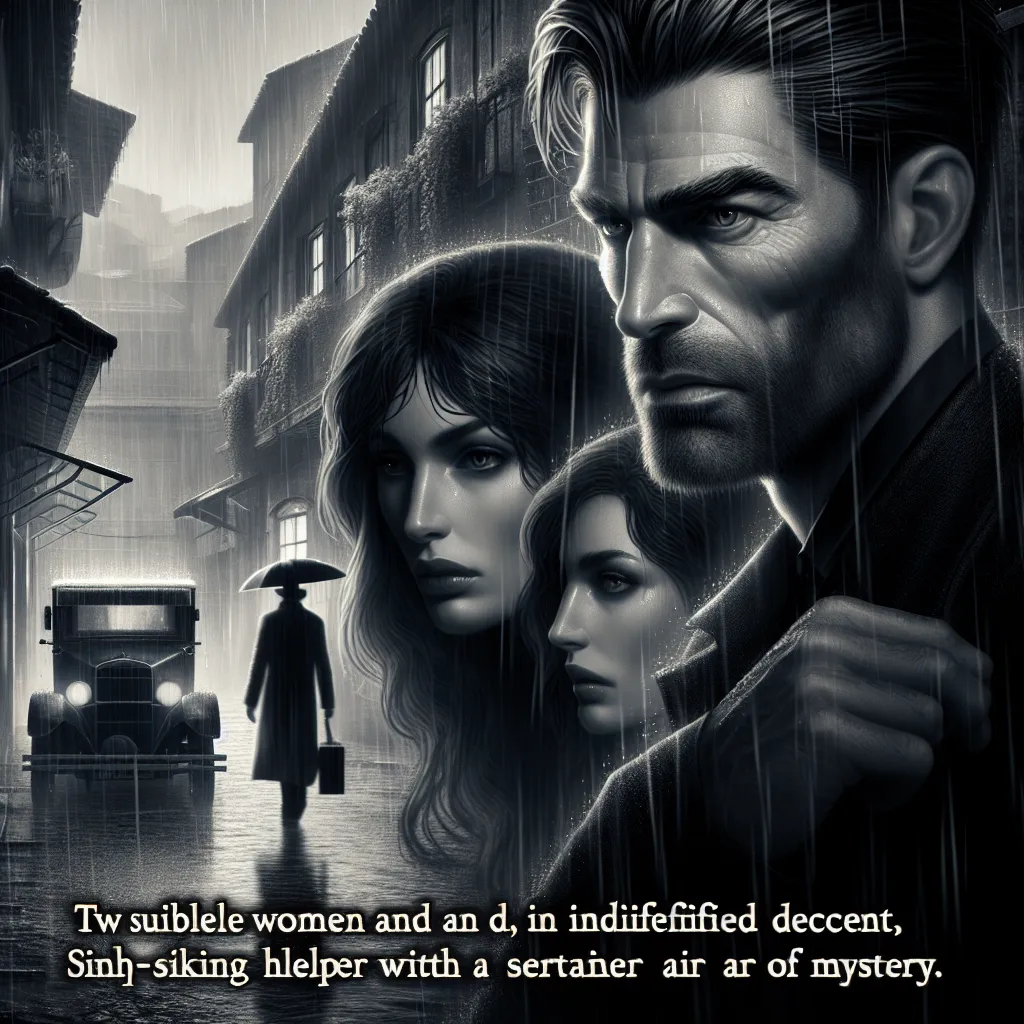 A mysterious scene set in a rain-soaked alley in Madripoor, featuring two women seeking help and finding refuge with a rugged and enigmatic man named Logan, known as Wolverine.