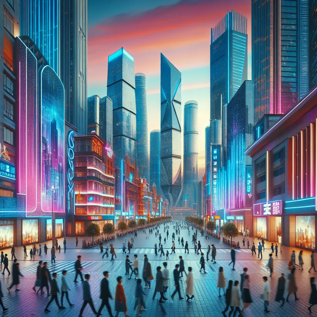 In the center of a bustling city, futuristic skyscrapers tower over a paved street lined with bustling pedestrians and glowing neon signs. The skyline is punctuated by a colorful sunset, casting a warm, vibrant glow over the scene.