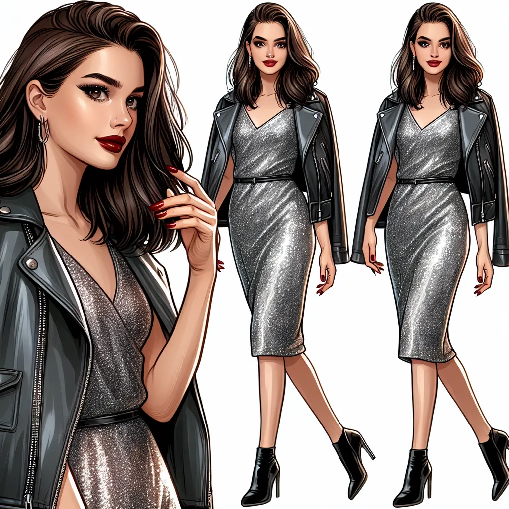Title: "The Empowered Transformation"

Description: An illustration of Vanessa, a confident and empowered young woman in her 20s, dressed in a shimmering silver mini-dress and a cropped leather jacket. Her hair, styled in loose waves, matches her dark red polished nails. With her clubbing sandals on and a determined look in her eyes, she stands ready to conquer the world, embracing her new identity with pride. The image radiates the excitement and empowerment she feels after a memorable night at