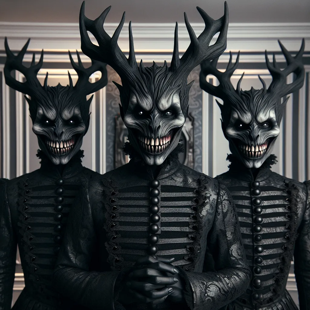 The image accompanying this story depicts three identical figures standing side by side, all wearing devilish grins. They are dressed in dark, extravagant outfits, exuding an aura of malevolence. Each figure has antlers emerging from their heads, and their eyes shimmer with a hint of wickedness. The background is a lavishly grim hotel room, emphasizing the fantasy setting of the story.