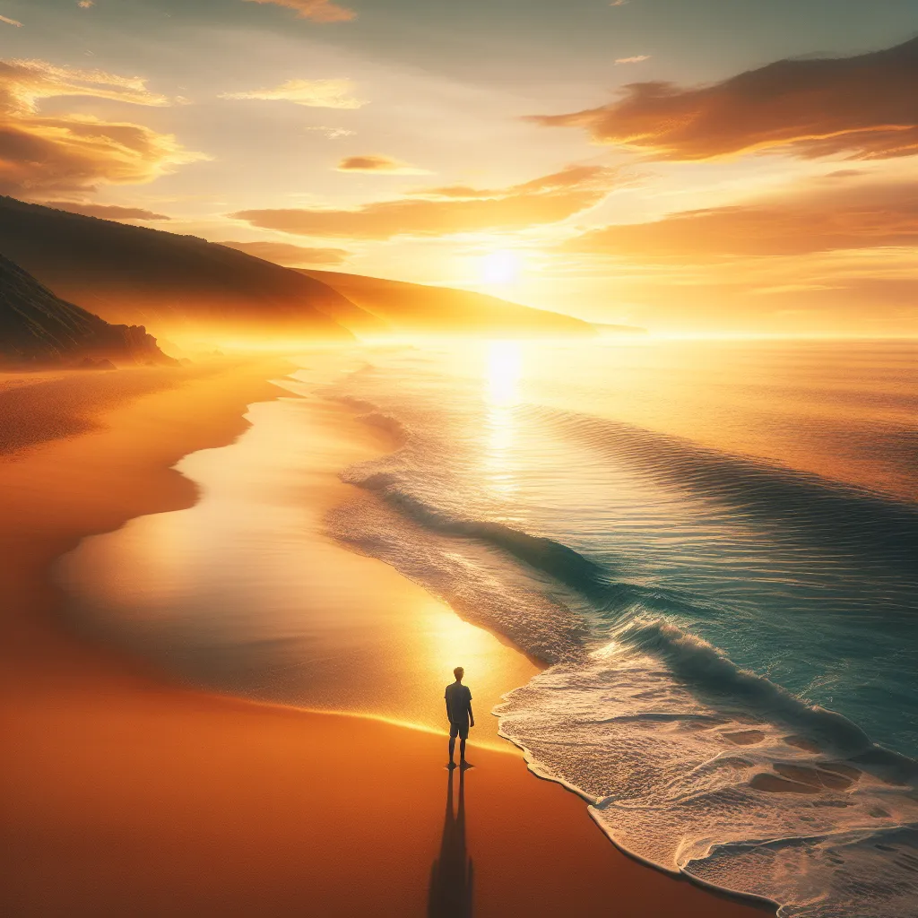 The image depicts a serene beach at sunset, with gentle waves touching the golden shore. A lone figure stands at the water's edge, looking out towards the horizon. Warm colors fill the sky, showcasing the beauty of nature's tranquility.