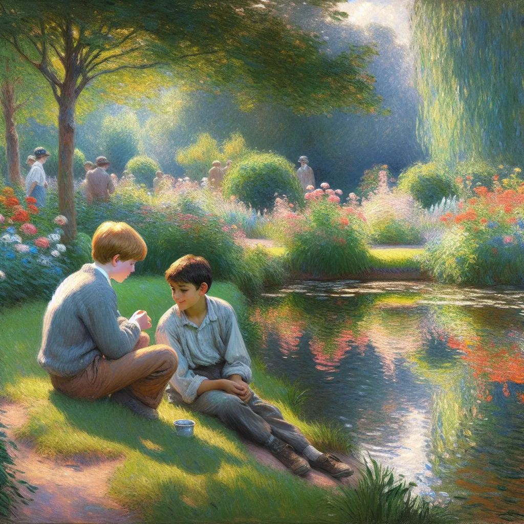 Boy, Park, Conversation, Swap, Memory in the style of Monet