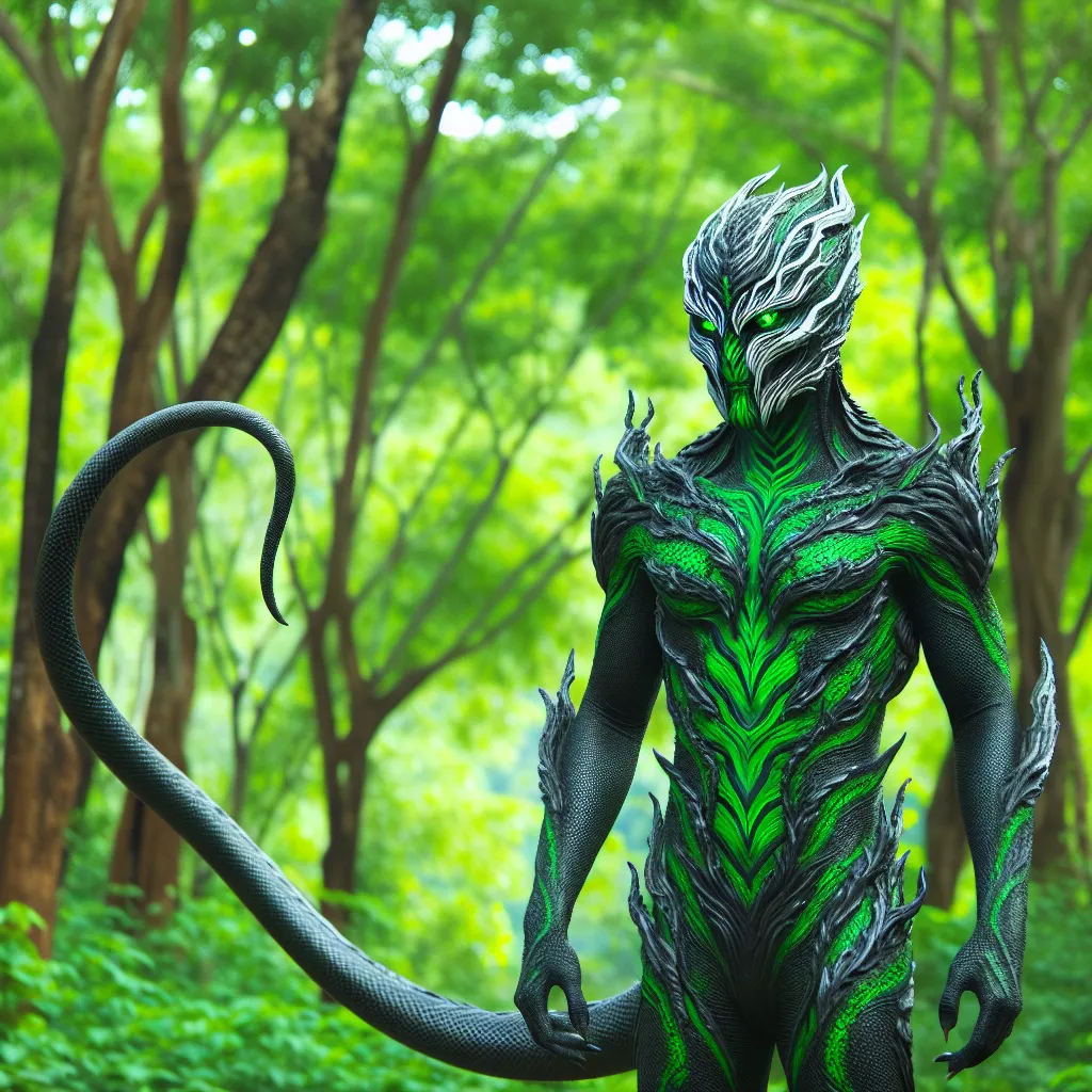 Description: "A humanoid figure, now transformed into a powerful Zygarde creature, stands amidst a vibrant green forest. With black and green scales covering its body, the creature possesses a serpentine tail and extensions on its back. Its eyes glow with determination as it prepares to embark on its mission to protect the Earth from deforestation and become the guardian of nature."