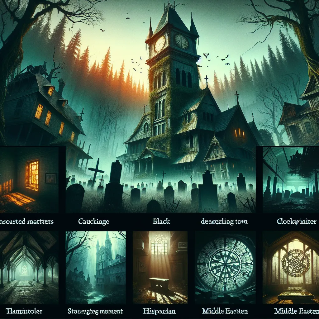 Description: An eerie, atmospheric image depicts the abandoned town of Hollow's End, shrouded in a perpetual twilight and surrounded by a dense forest. Crumbling buildings are overgrown with vines, and a looming clocktower stands frozen in time. Shadows dance within the abandoned manor, while a graveyard marked with forgotten symbols hints at a sinister past. The image captures the haunting beauty and sense of mystery that awaits a diverse group of specialists tasked with uncovering the secrets 