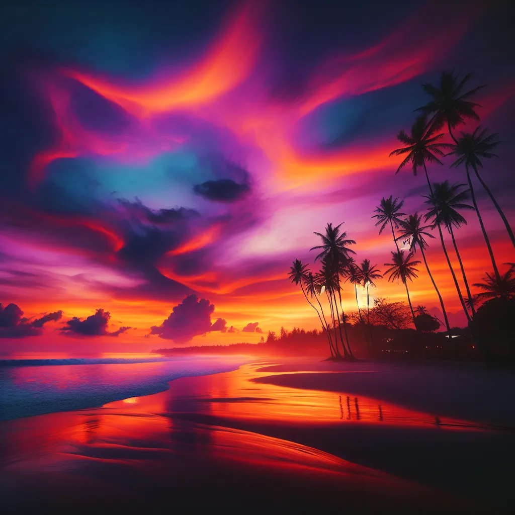 A calm beach scene at sunset with colorful sky and silhouettes of palm trees.