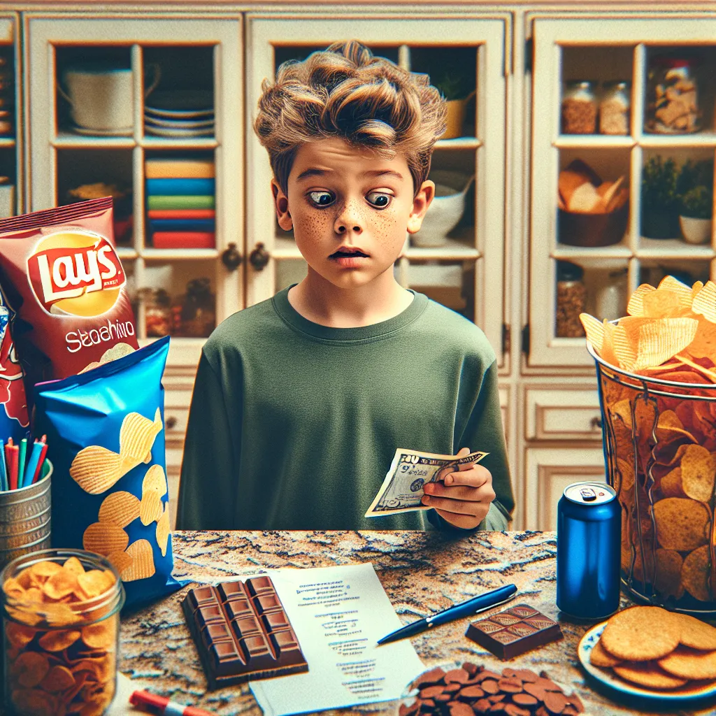 The image will feature a young boy named Leo standing in a kitchen, looking surprised and hesitant. In front of him are scattered snacks like chips, soda cans, and chocolate bars. A note with money on the granite counter catches his attention. The setting conveys a sense of mischief and curiosity as Leo contemplates the contents and the note left for him.