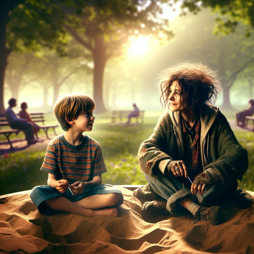 A detailed and heartfelt story that follows the unexpected encounter between a 6-year-old boy named Joshua and a struggling woman named Candace at the park, resulting in a mysterious and poignant body swap. The image will depict a young boy and a disheveled woman sitting on the edge of a sandbox, capturing their initial meeting and the transformative moment.