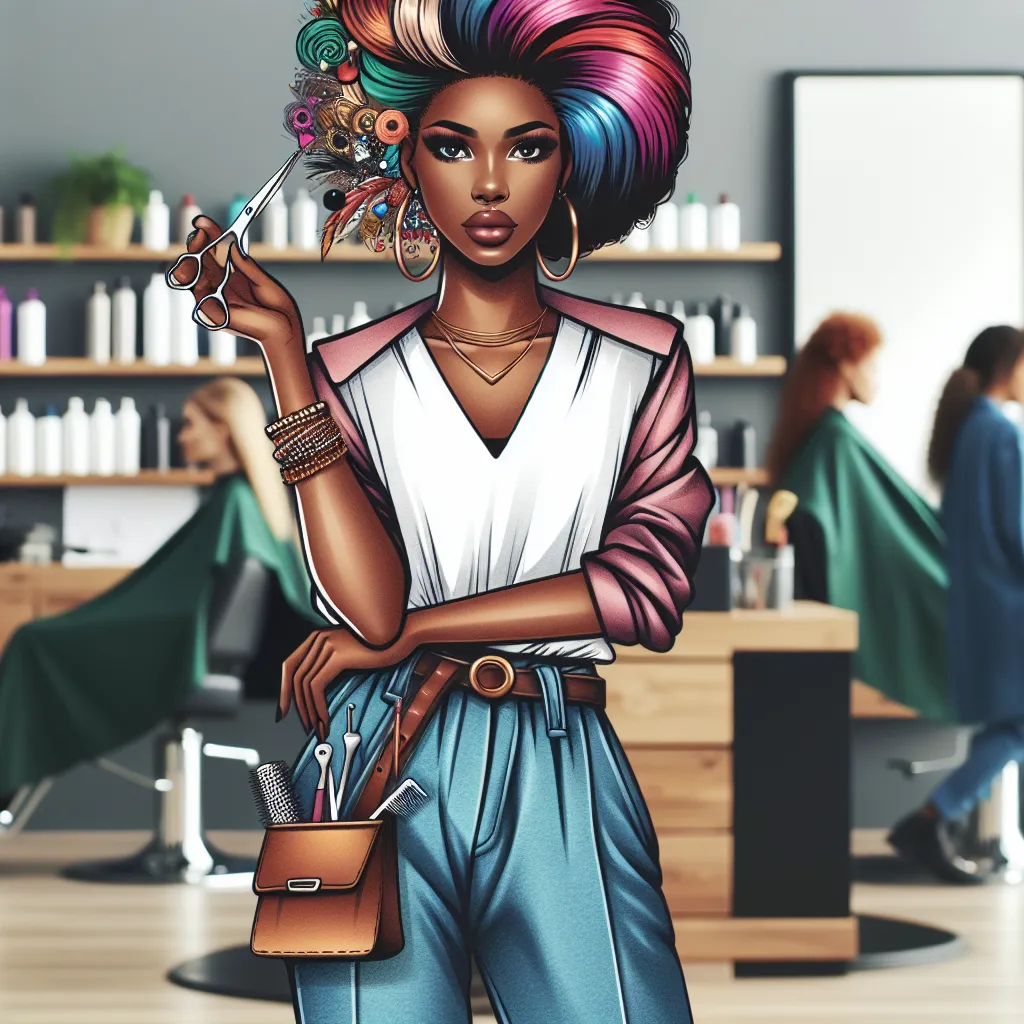 An image of a confident and stylish African American woman, Latoya Jackson, standing in her vibrant salon. She is wearing trendy clothes and carrying herself with pride. Perhaps she is holding a pair of scissors or a styling tool, indicating her role as a hairstylist. The salon is filled with colorful hair products and customers in various stages of transformation, symbolizing the energy and creativity of the space.