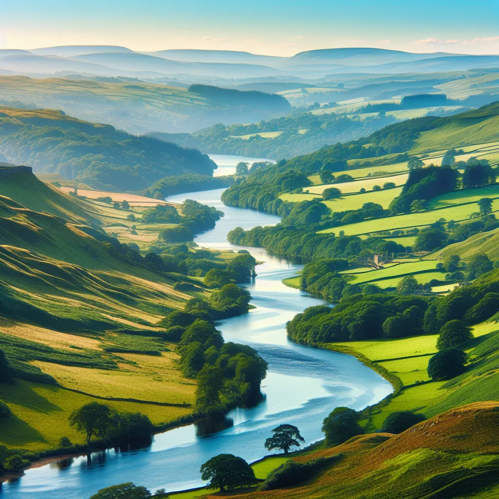 A scenic view of a meandering river flowing through a lush green countryside with rolling hills and a clear blue sky overhead.