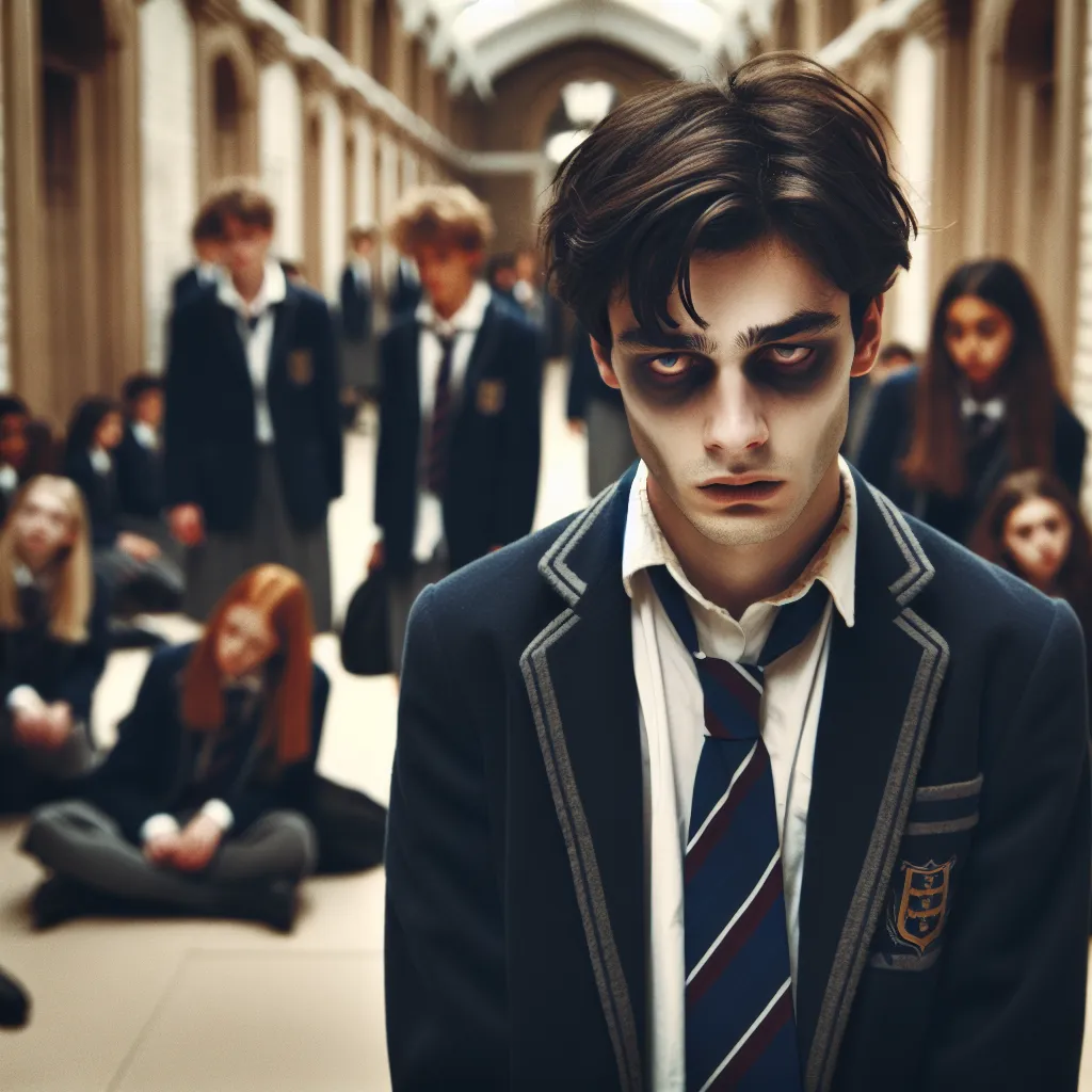 Image of a young person with a haunted expression in school uniform, captured in a moment of internal struggle and dysphoria as they navigate a day living within someone else's body. The setting is a hallway of a prestigious school, with other students in the background going about their day, oblivious to the character's turmoil.