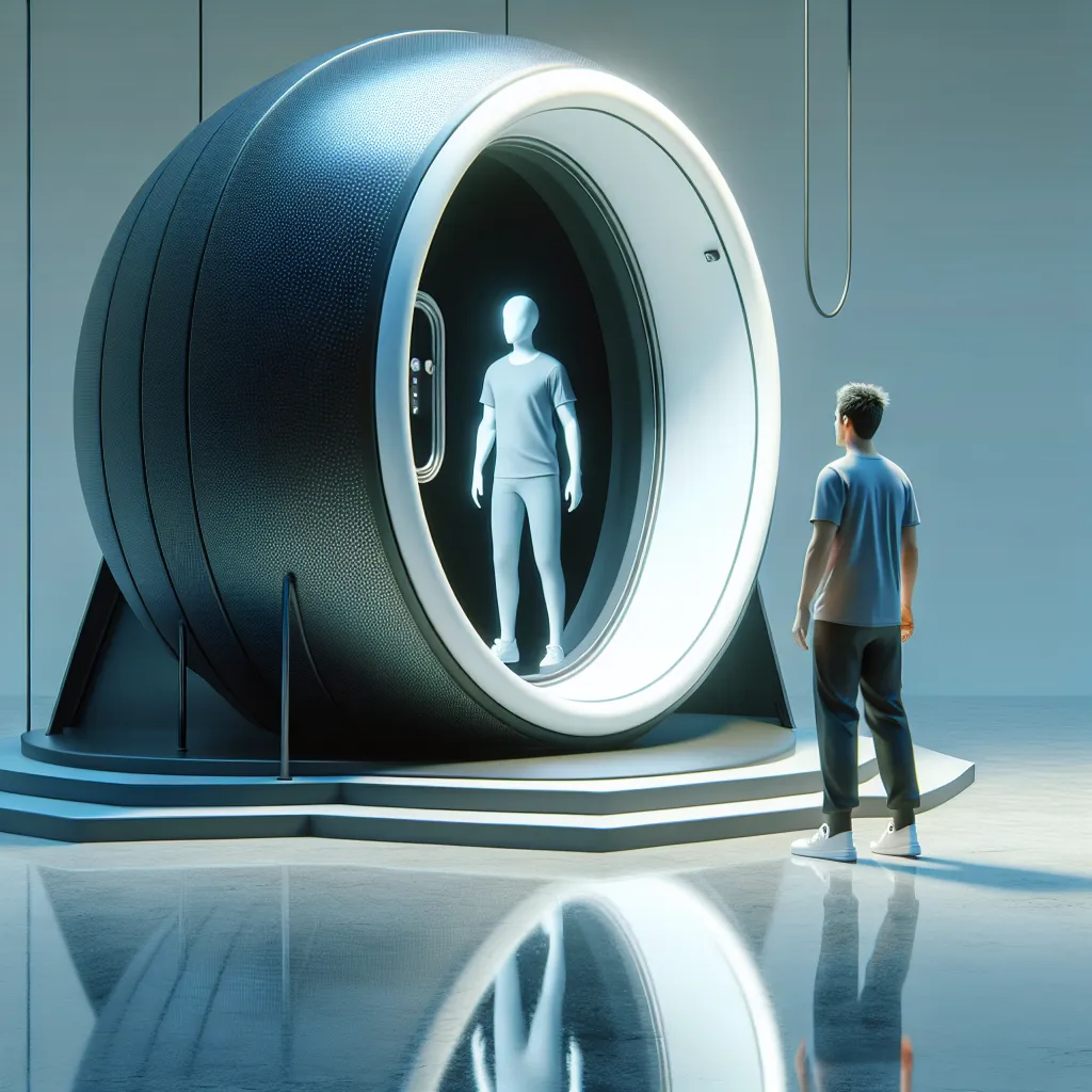 A person stands in front of a massive pod, about to step inside. The pod's interior is clean and ominous, featuring a mirror mounted on the back wall. The person's average reflection is visible in the mirror.