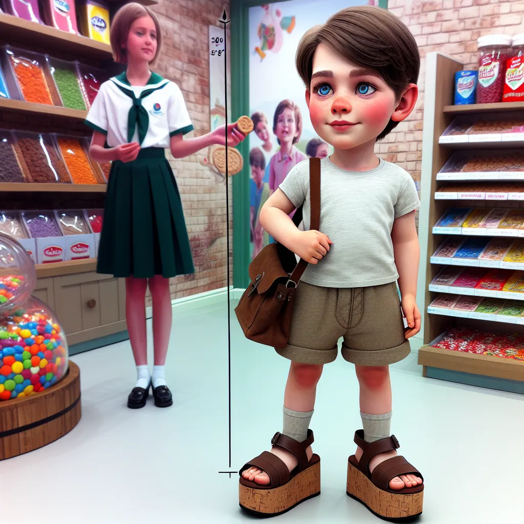 A digital image of a young boy named Tommy, with short brown hair, bright blue eyes, and a white complexion. He stands at a height of 3'5" and weighs around 40 pounds. Tommy is dressed in a t-shirt and ankle-cut shorts, wearing platform sandals made of cork. He holds a purse on his shoulder made of brown leather. The image depicts Tommy in a store, surrounded by shelves of colorful candies. In the background, there is a girl named Emily, dressed in a Girl Scout uniform consisting of a green sash
