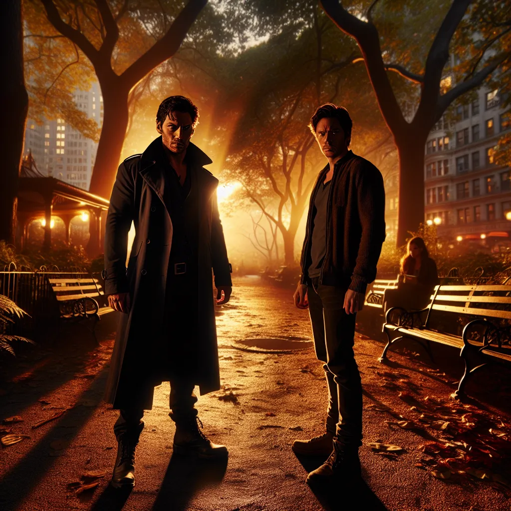 The image will depict a dramatic twilight encounter in a city park. A tense moment between Dani and a mysterious, broad-shouldered man. They lock eyes with a mix of defiance and desperation, surrounded by golden dusk and shadows on a tree-lined path.