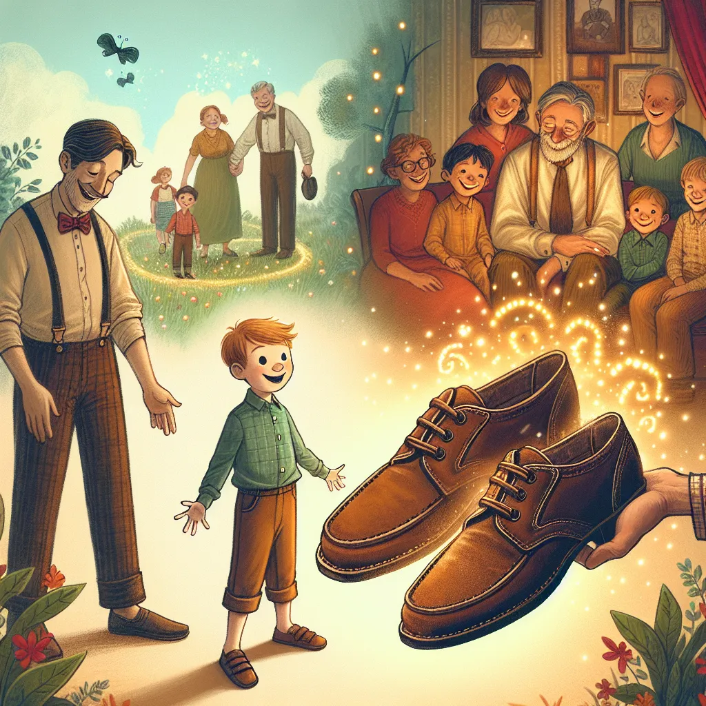 An enchanting tale of transformation: A young boy named Oliver unwittingly steps into a pair of brown leather sandals that mysteriously age him into his uncle, Greg. The sandals have a magical ability to rewrite memories, seamlessly integrating him into his new adult life, where he finds comfort, belonging, and joy. This heartwarming story follows Greg's life as he embraces his new identity, shares moments with family, and embraces the ordinary magic of the sandals.