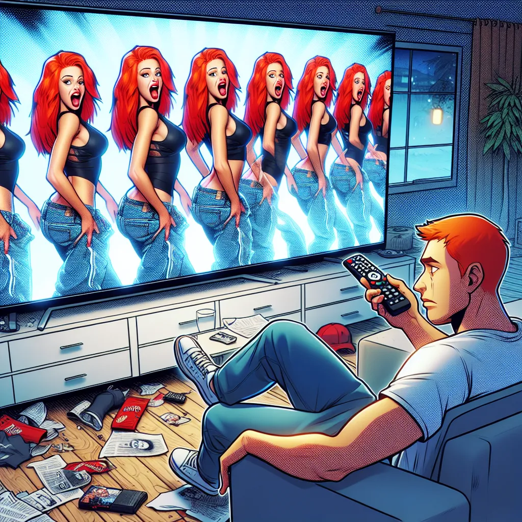 The image shows a man standing in the middle of a chaotic living room, holding a remote control behind his back. He looks sheepish as his vibrant red-haired wife enters the room. Various clones of his wife can be seen on the television screen, rapping and flaunting their assets. The room is filled with excitement and confusion as the man contemplates the consequences of his actions.