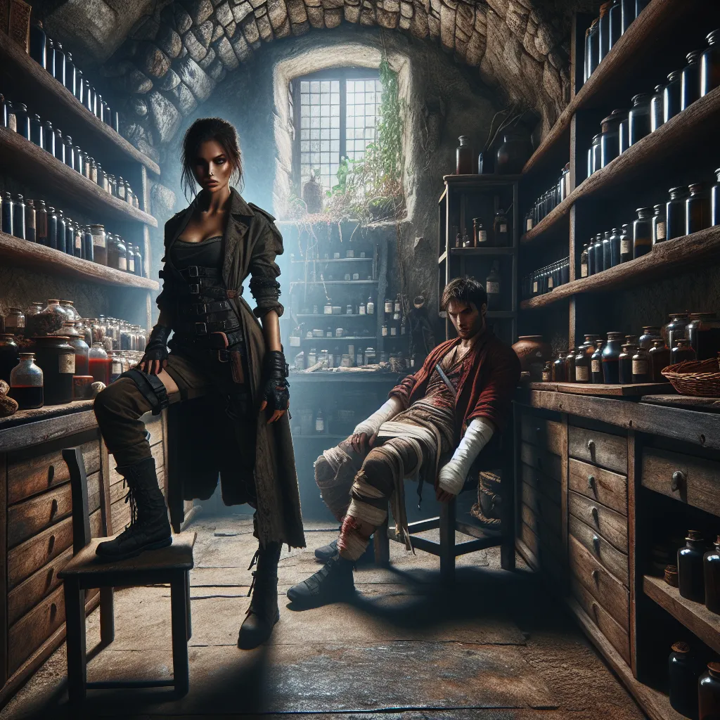 This image depicts a mysterious scene in a dimly lit cellar of an herbal medicine shop. Laura, a mutant, and Gambit, recovering from injuries, are seeking refuge. Laura's sense of vigilance and hunger for survival are palpable as they navigate the uncertainty of their situation.