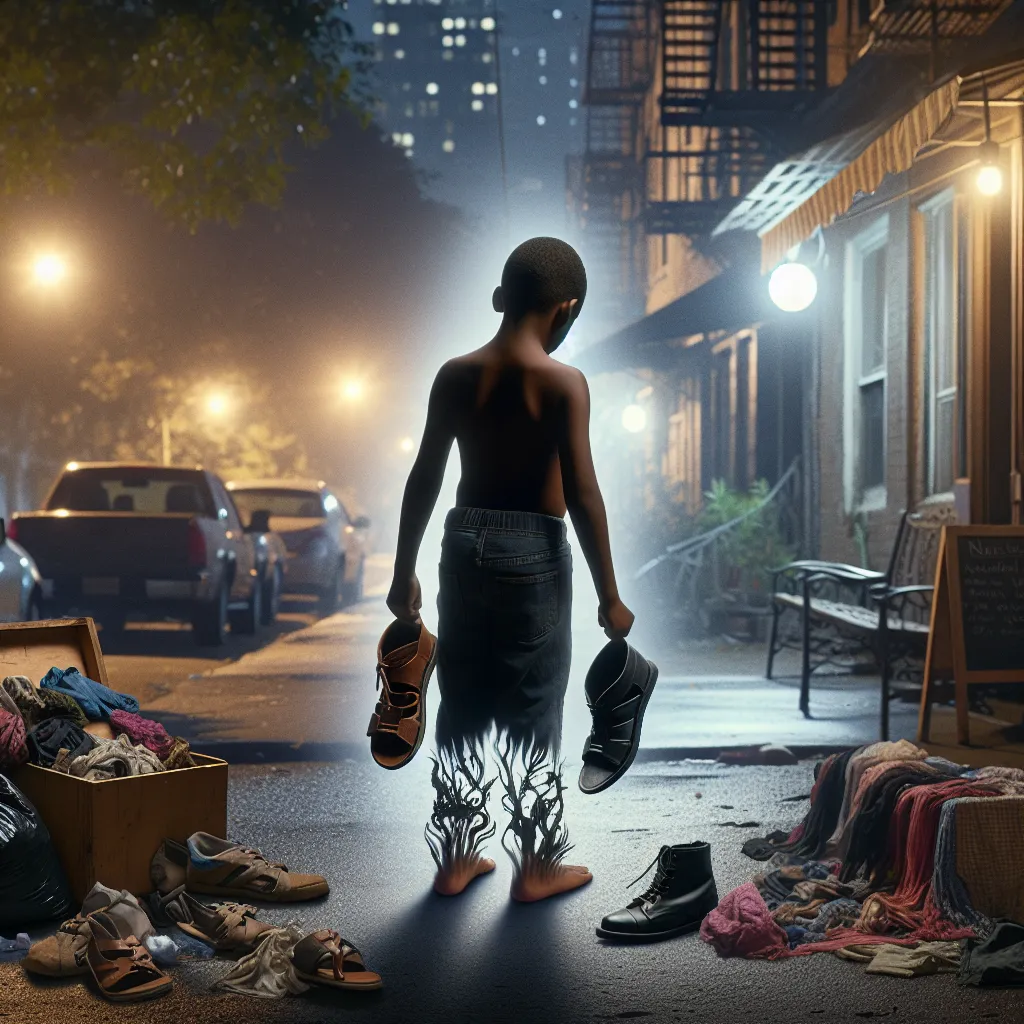 On a dimly lit street, a young boy named Ethan finds a collection of women's accessories. As he accidentally steps into a pair of sandals, a mysterious transformation occurs, turning him into Jessica, a confident African American woman. Jessica embraces her new identity, listing facts about herself and celebrating her strength and resilience. With newfound confidence, she steps into her new life, ready to face the world as a woman of valor.