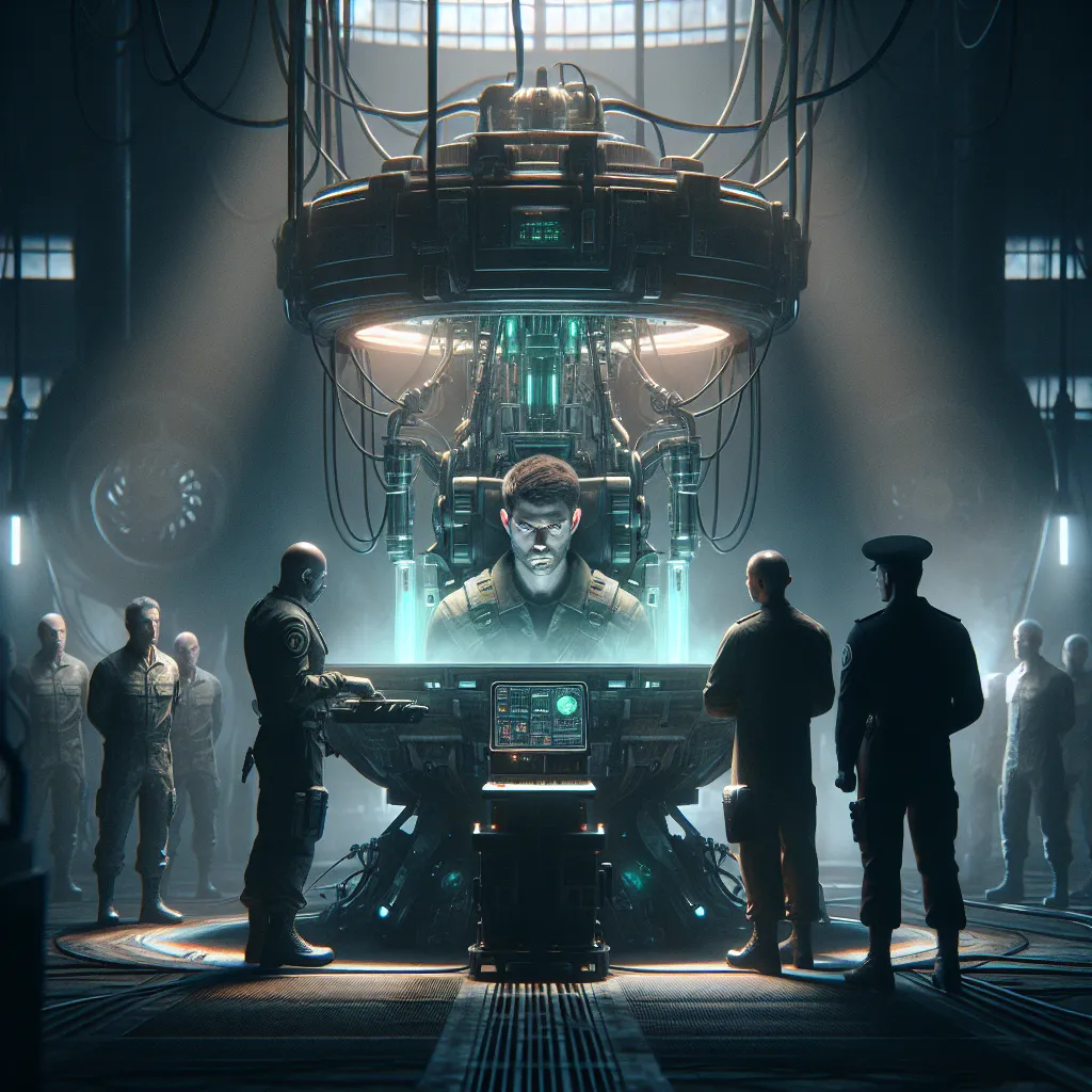 The image accompanying this story could depict an eerie, dimly lit hangar bay. In the center of the room stands the Soul Exchanger, a menacing machine with glowing, pulsating tubes and needles. Trevor, a resolute Air Chief Marshal, stands before the machine, his mustache and piercing blue eyes exuding authority. Yoshika, a young Witch with brown hair tied in pigtails, is forcibly dragged into the room by two officers, her fear and confusion evident. The image could capture the tense moment as Tr