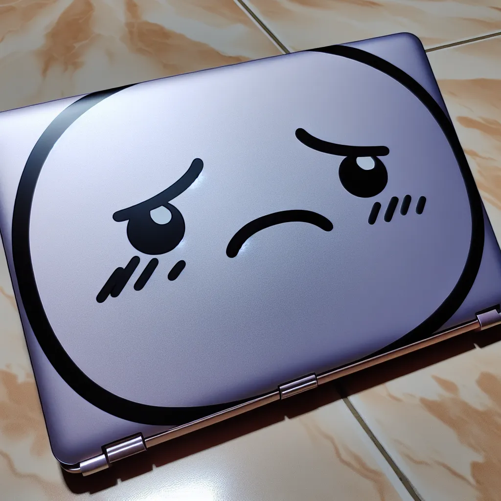 A closed laptop with a disappointed expression on the screen.