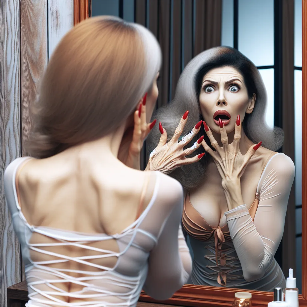 A woman named Maria, with red nails, stands in front of a mirror in bewilderment, having transformed from a young boy named Timothy.